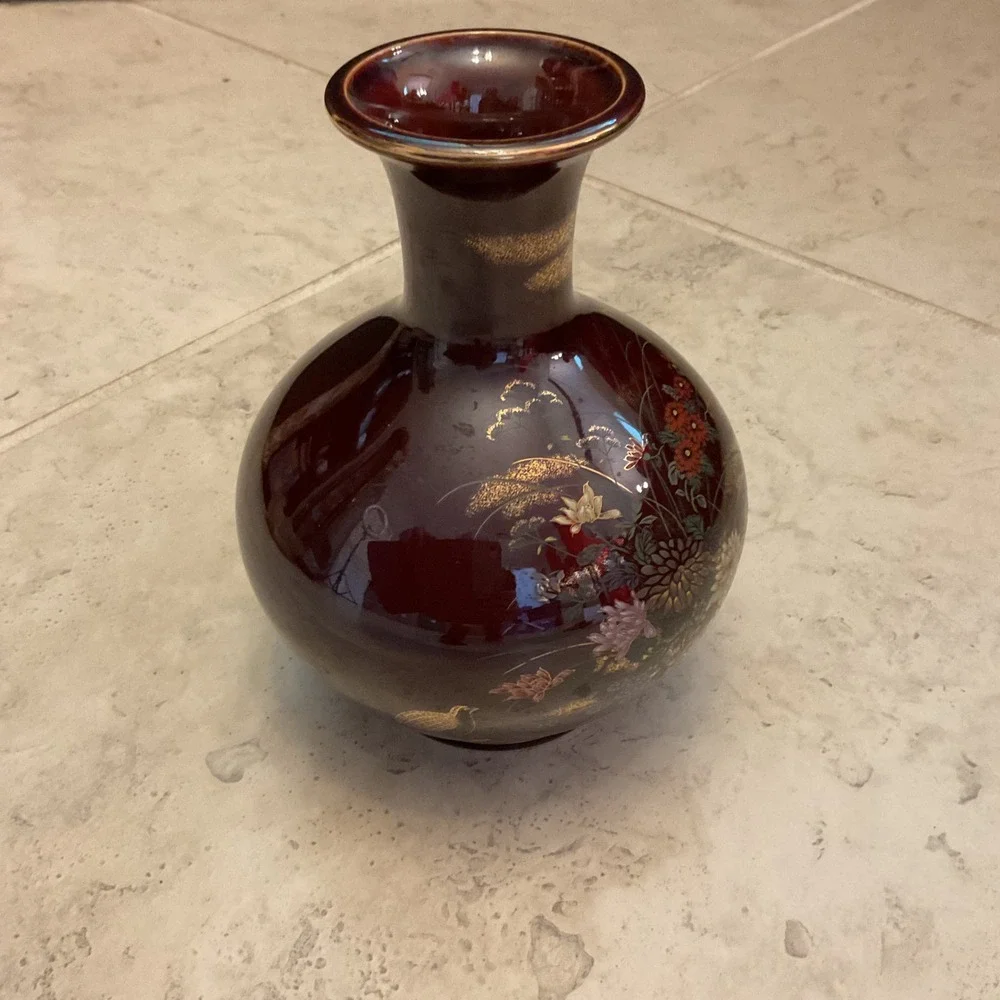 Toyo Japan Burgundy Oxblood Floral Gold Pheasant Ceramic Vase Gilt Accents
